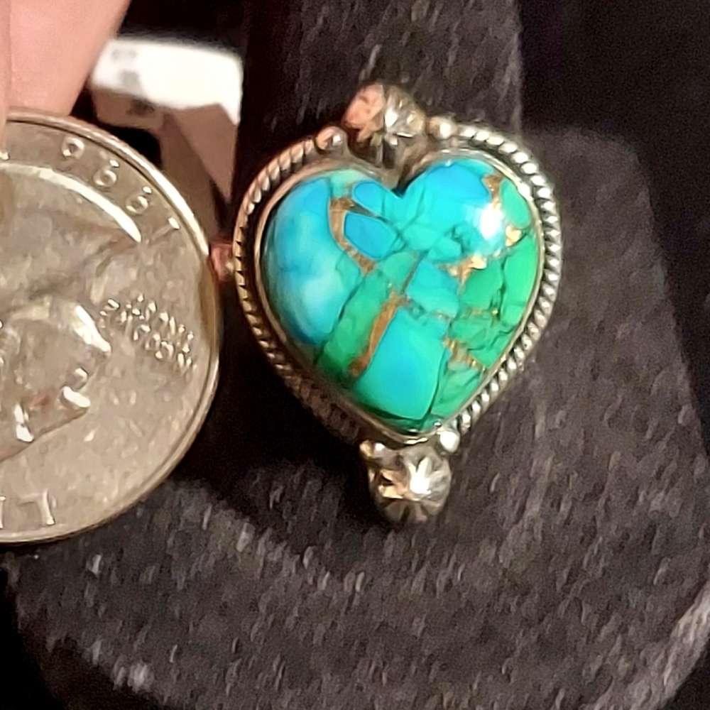 Kingman Peacock Dalia Heart Ring with Star Shots Sterling Silver Size 8 - Picture 7 of 8